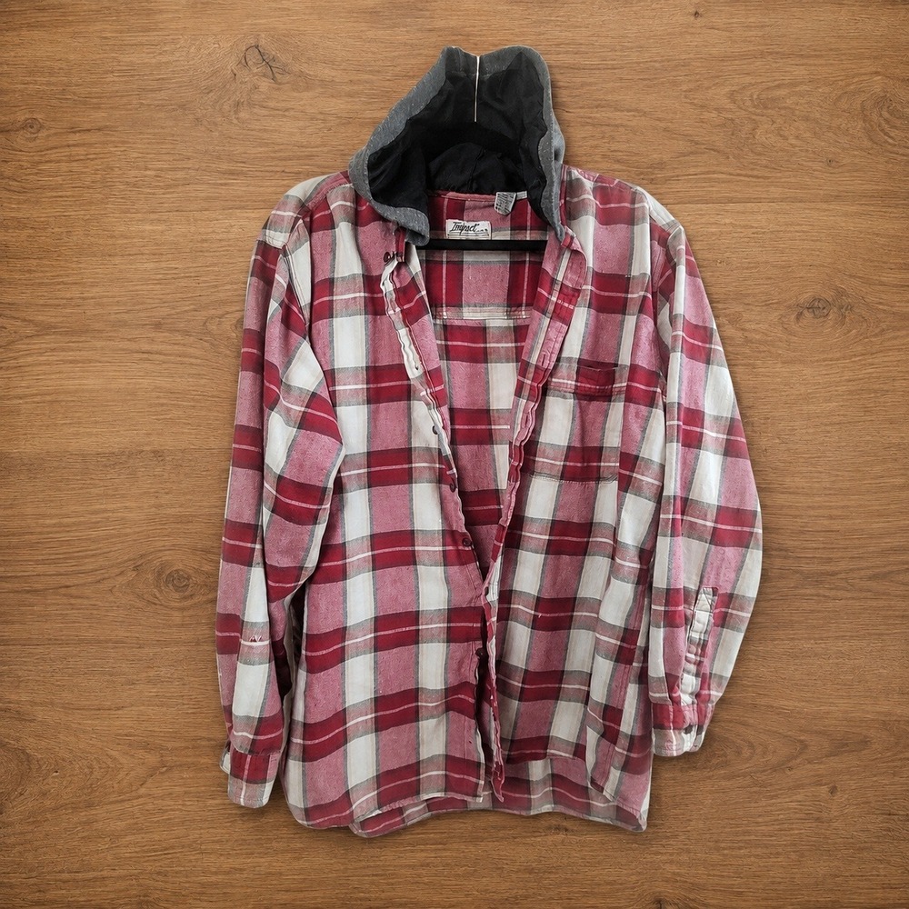 Impact Vintage 90s Red Plaid Hooded Flannel Shirt Mens XL Grunge Skater Y2K